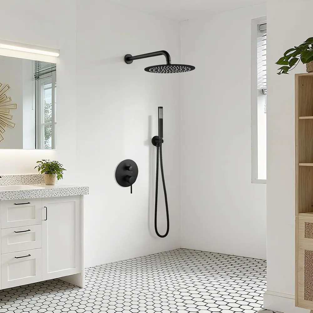 10 Matte Black Round Rainfall Showerhead with Wall Mount High-Pressure Set and Handheld Sprayer