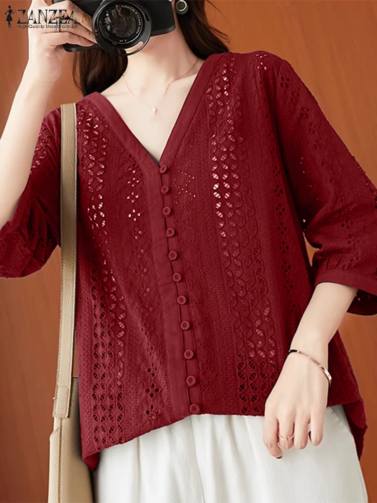 ZANZEA แฟชั่น Openwork เย็บปักถักร้อยเสื้อสตรีฤดูร้อนหลวม V คอ 3/4 แขนเสื้อถักโครเชต์ลูกไม้ Chemise Femme สบายๆเสื้อ