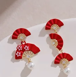 Chinese Style Good Luck Red Fan Earrings For Women Folding Fan Pearl Asymmetric Tassel Earring Girls Christmas New Year Jewelry
