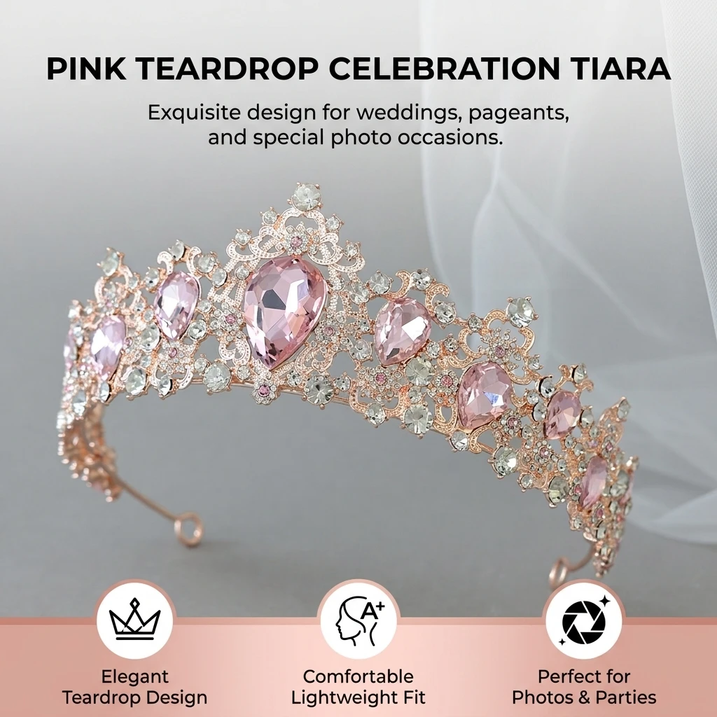 Elegant Tiara Hairband for Bridal Wedding Party Pageant Photo Shoot Pink Alloy Crown Headband Romantic Accessory view 4