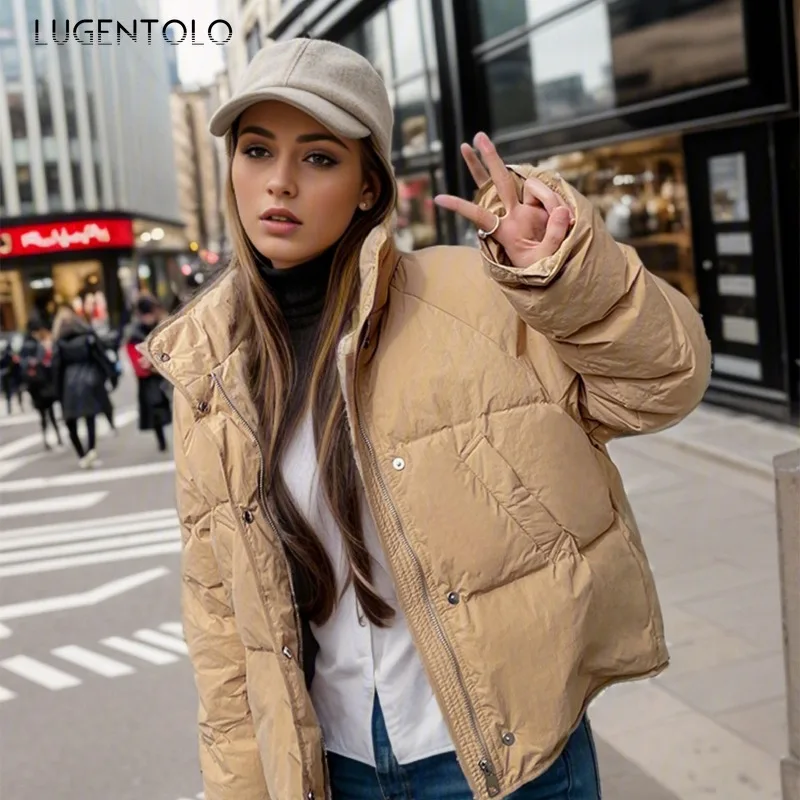 Women Casual Parkas 2024 Simple Loose Down Cotton Warm Bread Jacket Fashion Stand Collar Diagonal Slip Pockets Cropped Snow Suit