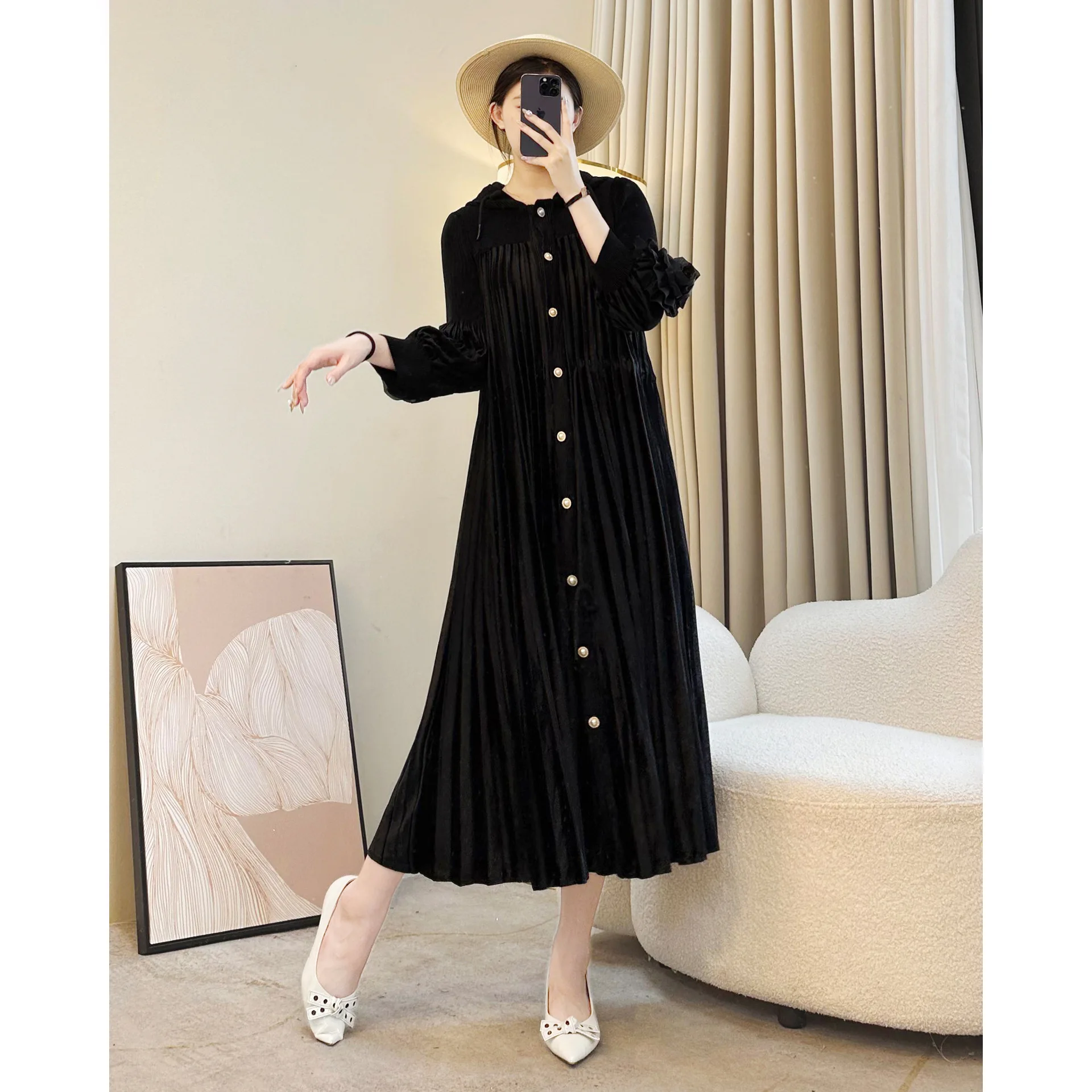 Robe longue plissée élégante pour femmes, Texture velours, robe Maxi boutonnée à manches longues, mode automne hiver