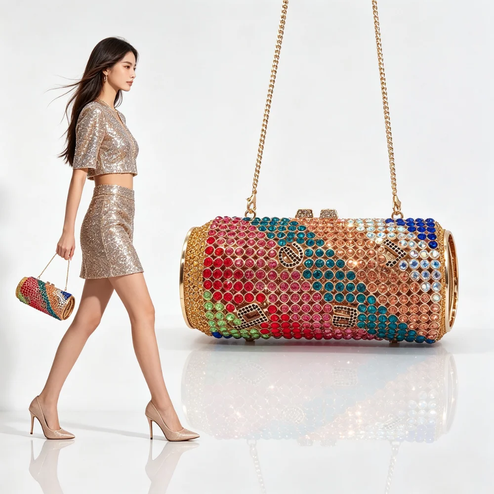 Women's Can-Shaped Rhinestone Evening Bag Colorful Crystal Cylinder Clutch Purse with Wedding Party Chain Shoulder Crossbody Bag
