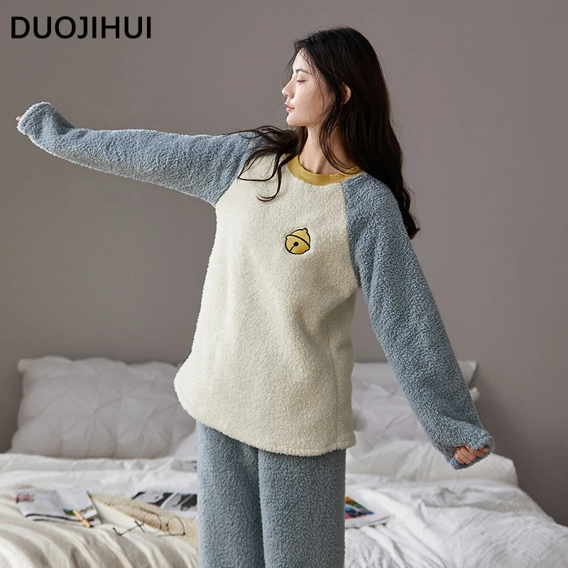 DUOJIHUI-Conjunto de pijama feminino de duas peças, pijama estampado casual e solto, simples e elegante, cor de contraste, 4 cores, inverno