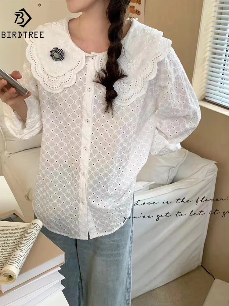 

New Spring Cotton Linen Fashion Shirts Women Peter Pan Collar Designed Tops Girl Embroidery Loose Blouses 2024 Summer T44137QM