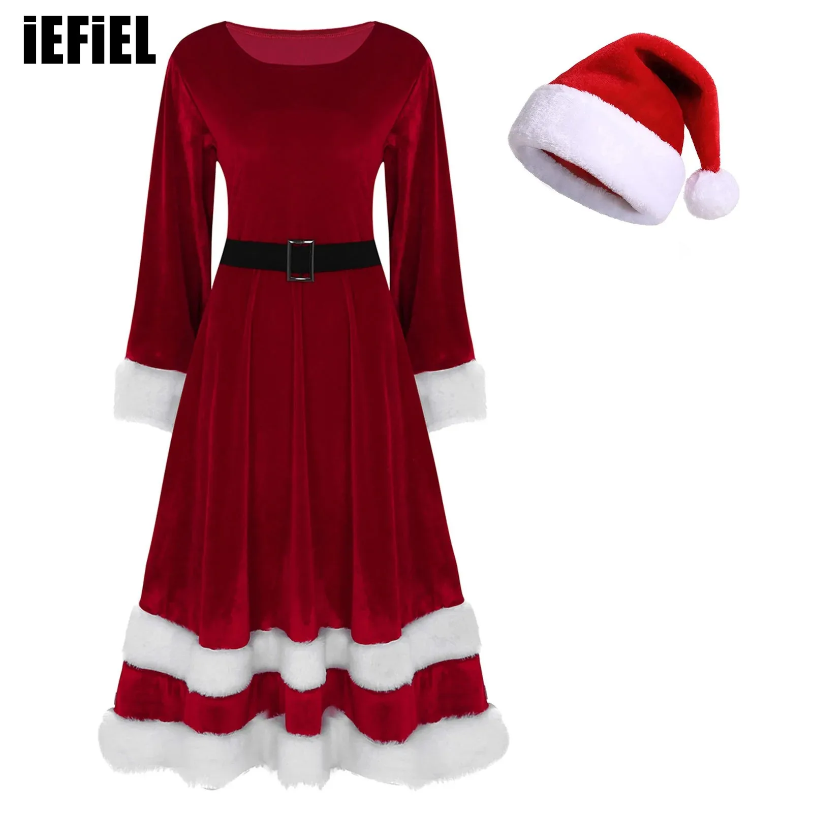 

Womens Velvet Christmas Outfit Scoop Neck Long Sleeve Faux Fur Trim Belted Dress with 1Pc Santa Claus Hat