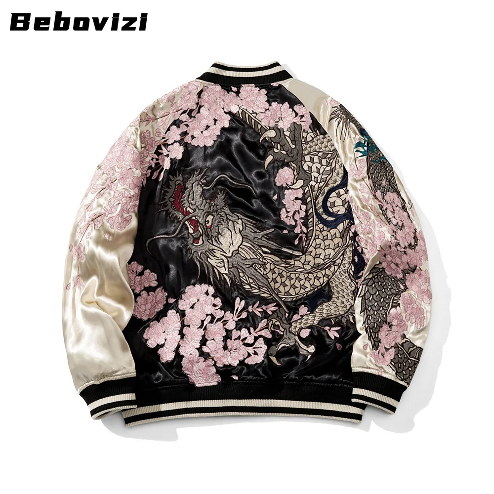 Yokosuka Style Cherry Blossom and Dragon Embroidered Jacket Japanese Men Baseball Streetwear Harajuku Clothing Autumn Coats