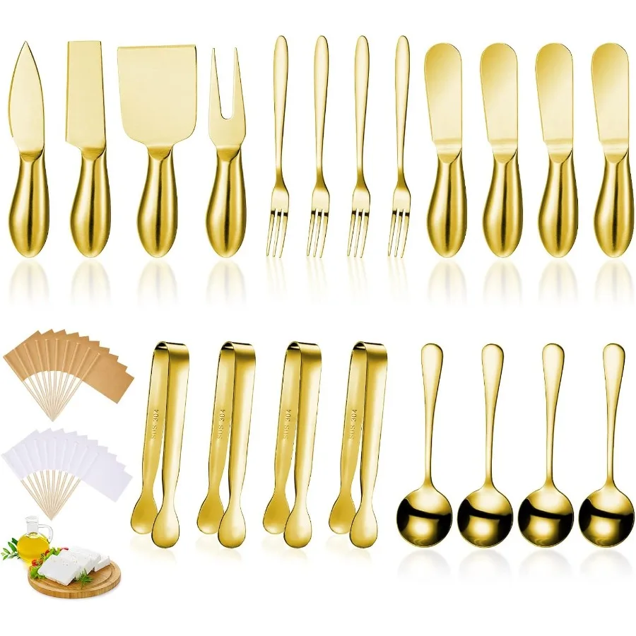 

Золотой набор аксессуаров для мясных досок из 20 предметов с ножом для разбрасывания сыра из нержавеющей стали, нож для масла, мини-щипцы для сервировки Spo