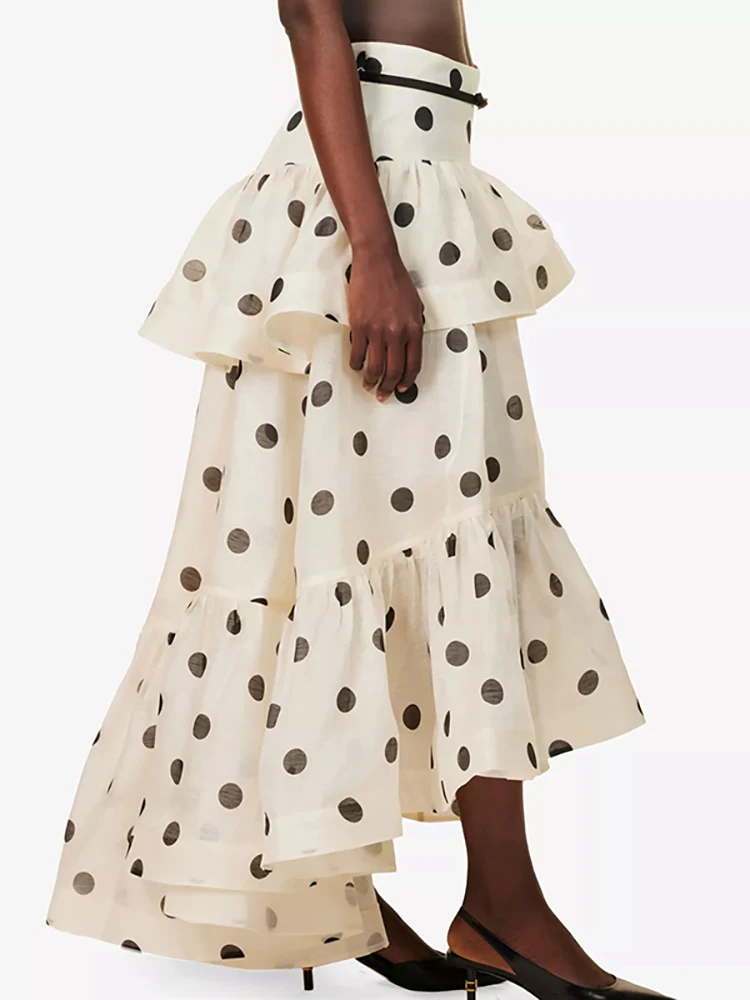 

Casual Ruffle Edge Design Hem Half Skirt New Fashion Party Irregular Cake Skirt Polka Dot Printed High Waist Women's Long Skirt