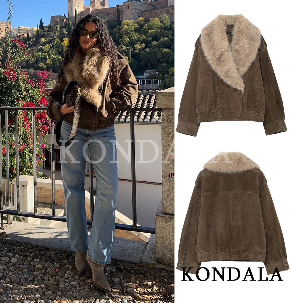 

KONDALA Women Fall Winter Suede Jacket Faux Fur Collar Lapel Buttons Jacket Coat 2025 Fashion Elegant Vintage Female Casual Coat