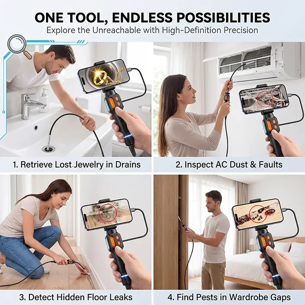 360° Articulating 4K UHD Inspection Borescope IP67 Waterproof Industrial Endoscope Camera Compatible for Auto & Home Inspection