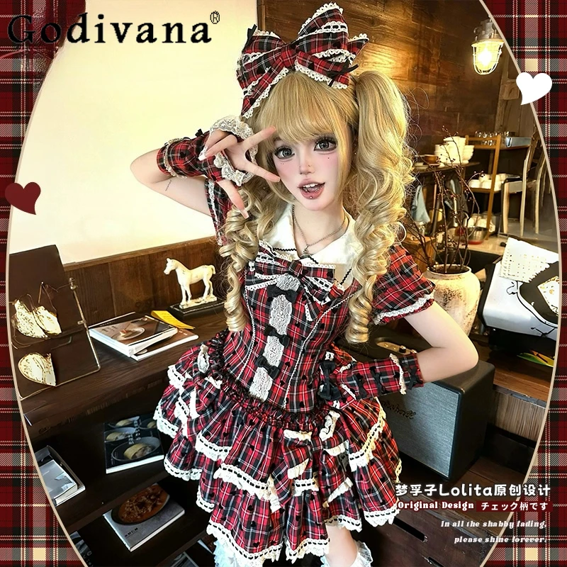 

Original Cute Girls Lolita Cos Red Plaid Short Sleeve Dress Shorts 2-Piece Set Autumn New Japanese Loli Y2k Birthday Party Dress