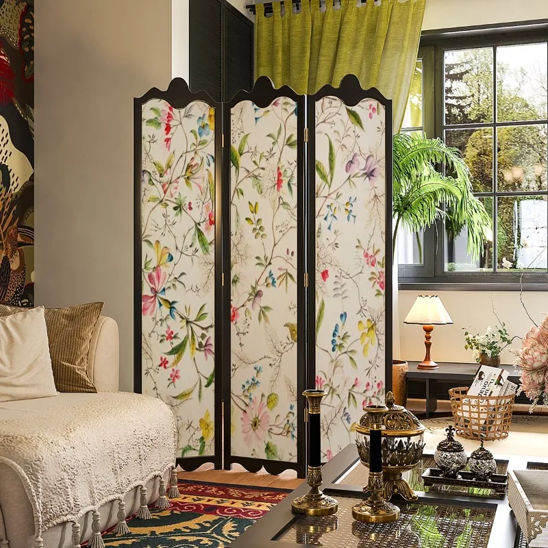 American folding screen partition living room office solid wood cover decorative porch small floral movable folding screen