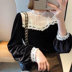 MEXZT Vintage Velvet Shirts Women Elegant Lace Patchwork Blouses Office Ladies Korean Long Sleeve Chic Tops Autumn Winter New