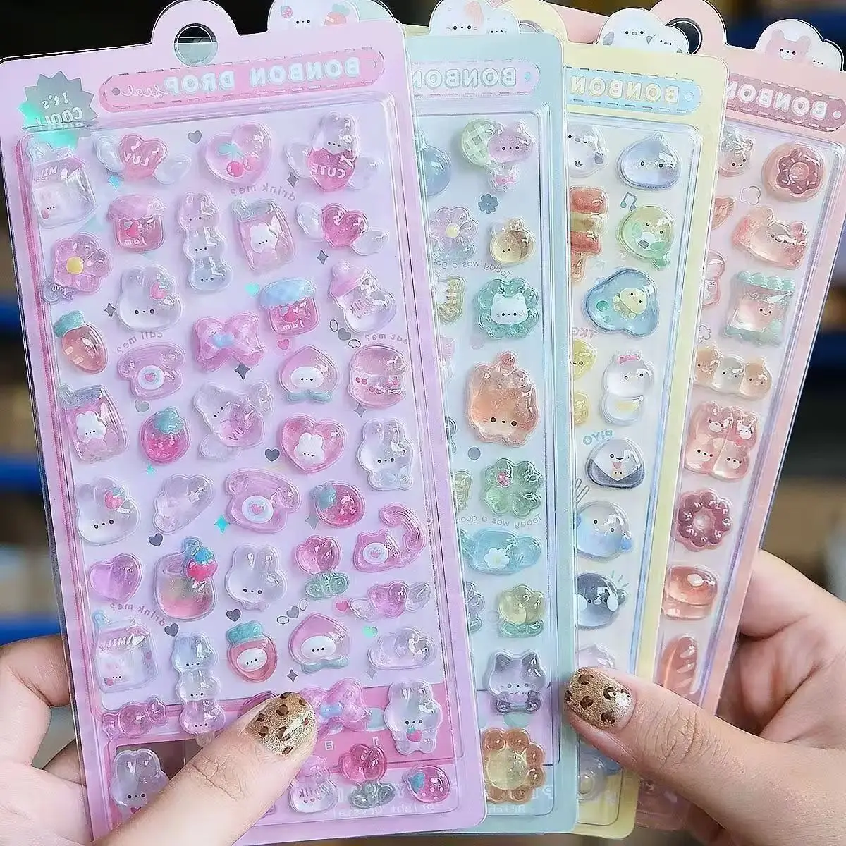 ***2027Kawaii 3D Jelly Resin Stickers Cute Cartoon Sparkle Transparent Decals for Scrapbooking Phone Case Laptop DIY Decor