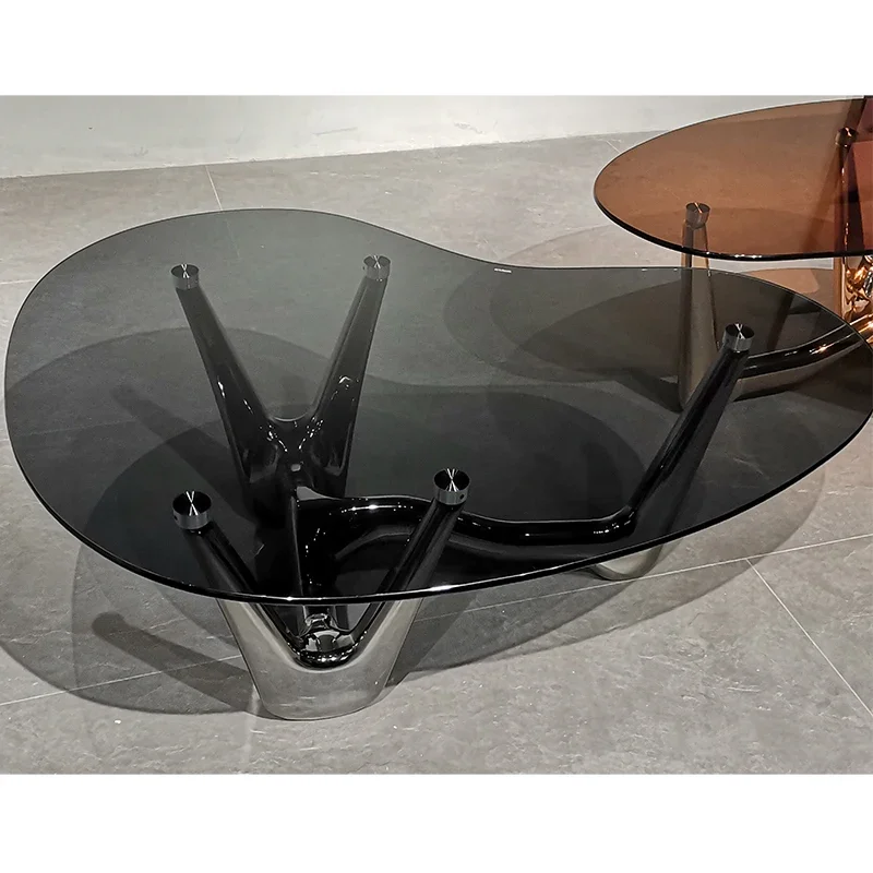 Light and luxurious living room decoration, tempered glass, tea table, aluminum alloy base, round corner design, special-shaped