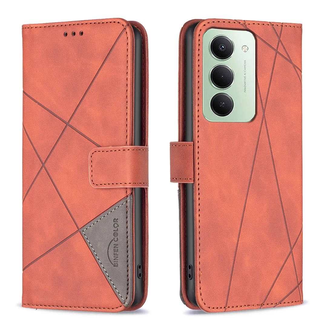 

Для Xiaomi Redmi 15 5G (глобальный) (169 мм) чехол для телефона двусторонний цветной кошелек-подставка с геометрическим принтом кожаный чехол-коричневый