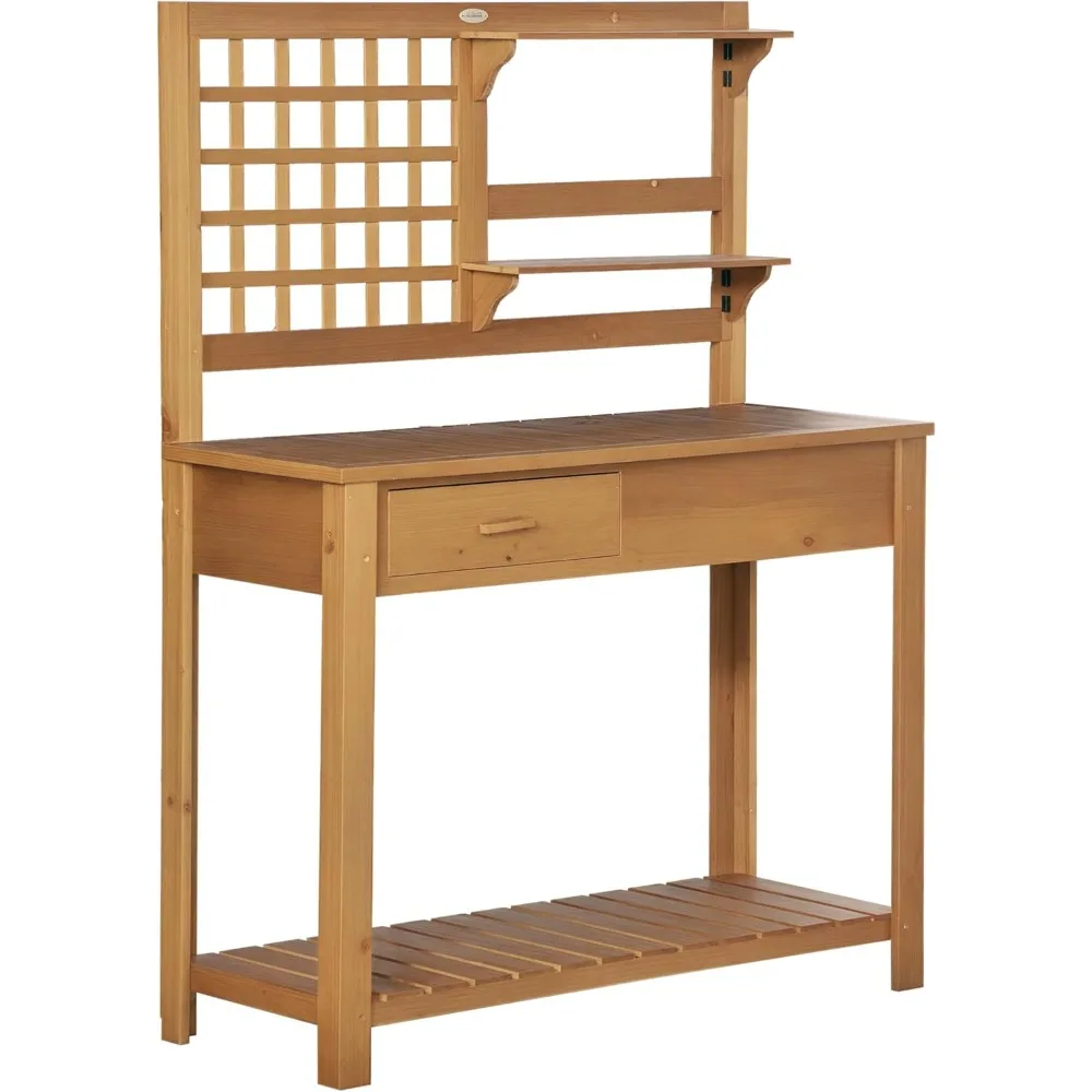 

Potting Bench Table, Garden Work Bench, Outdoor Wooden Workstation with Tiers of Shelves and Drawer for Patio, Courtyards, Balc