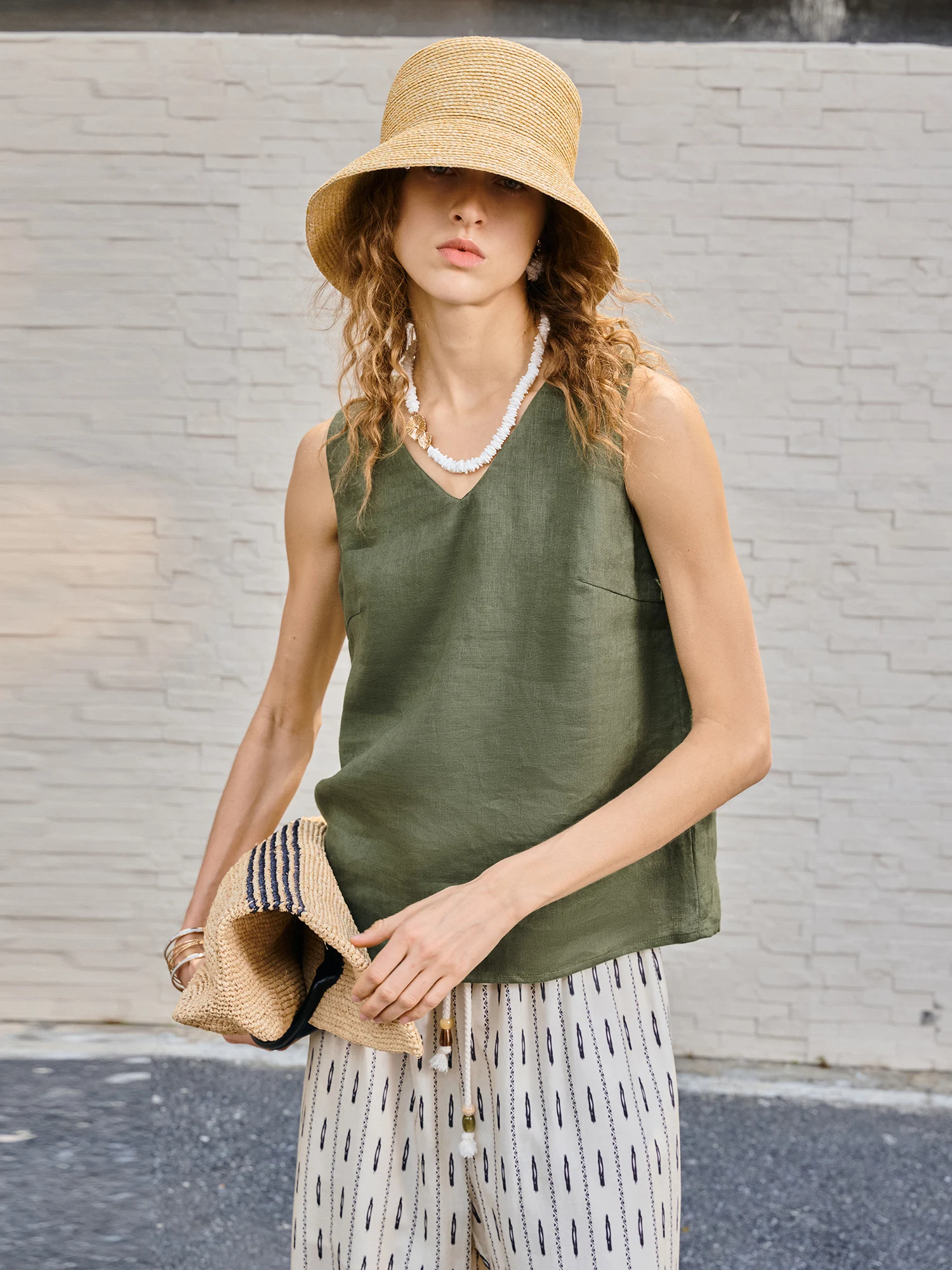 Antibacterial 5A Pure Linen Short Vest Women's European Flax Breathable V-Neck Loose Fit Summer Outerwear H-Shape Tank Top