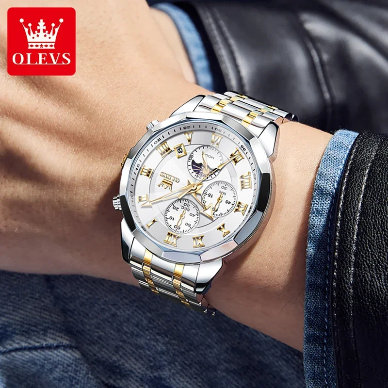 OLEVS Men Watch Brand Business Stainless Steel Date Chronograph Luxury Waterproof Moonphase Men Quartz Watch Reloj Hombre 3675