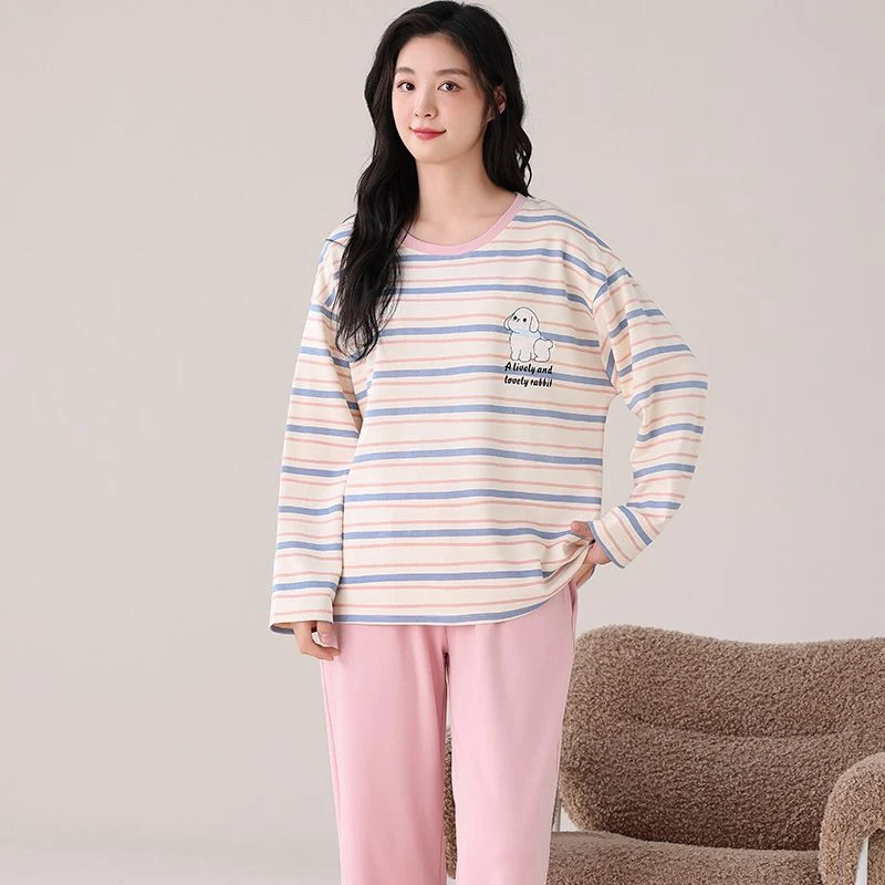 

2025 Spring Long Sleeve Casual Striped 100% Cotton Pajama Set for Women Korean Cute Sleepwear Homewear Pijama Mujer Home Clothes
