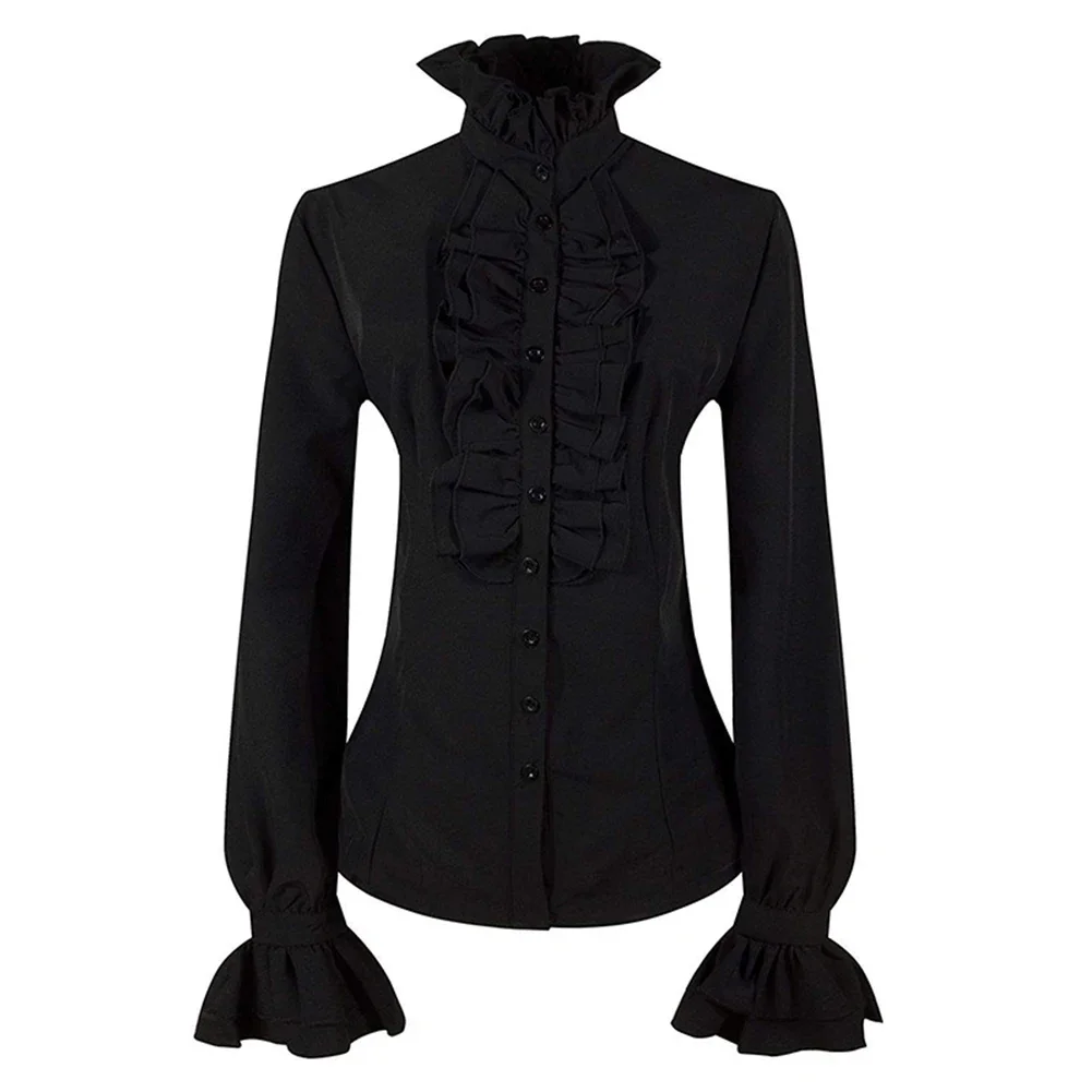 New Women Autumn Long Sleeved Victorian Steampunk Button Blouse Vintage Shirt High Neck Solid Gothic Ruffle Sleeve Top Shirts