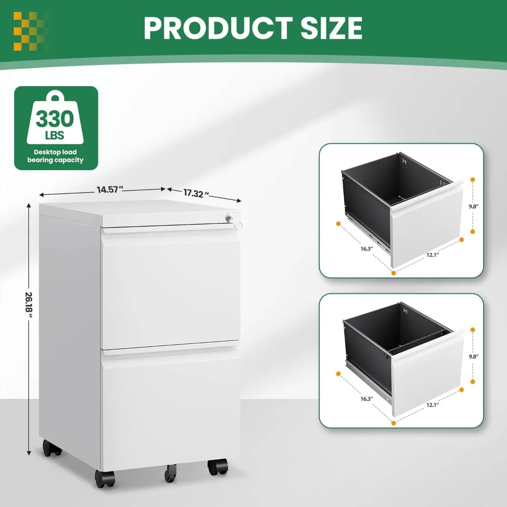 Under Desk 2-Drawer Mobile File Cabinet with Lock, Legal/Letter/A4 Size, White, Fully Assembled, Rolling Storage Solution
