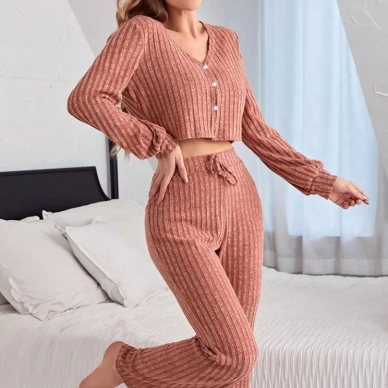 2026 Autumn European And American Hot Selling Women's Pajama Set Casual Button Down Long Sleeve Long Sleeve Pants Loungewear Sle