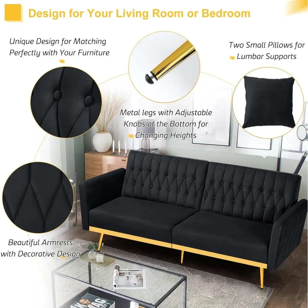 Sofá-cama futon de veludo de 70 polegadas com braços e costas ajustáveis, sofá futon conversível com 2 travesseiros, cama-cama moderna