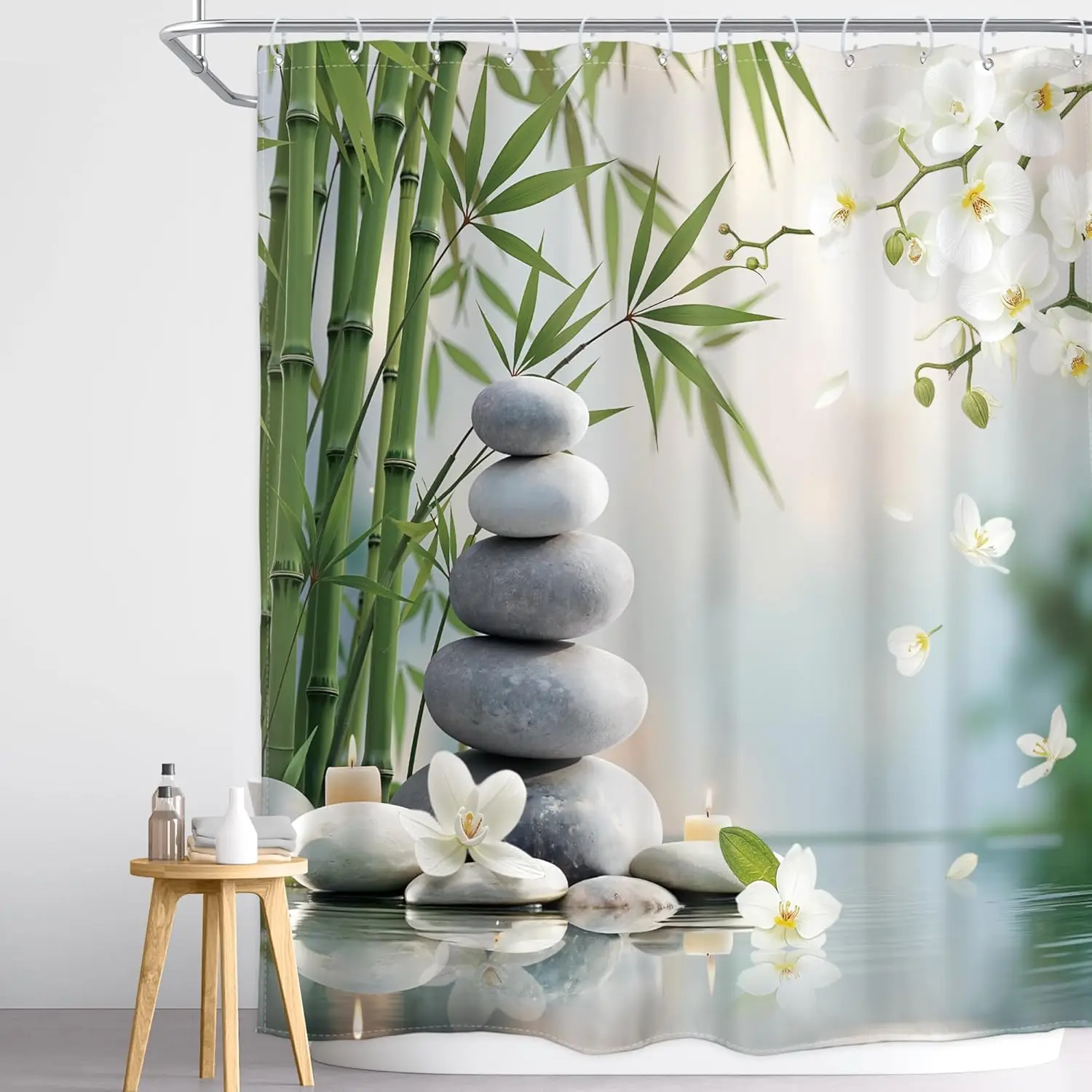 Zen Stone Meditation Shower Curtain Green Bamboo White Orchid Spa Meditation Inspirational Positive Spa Relaxing Candle Botany