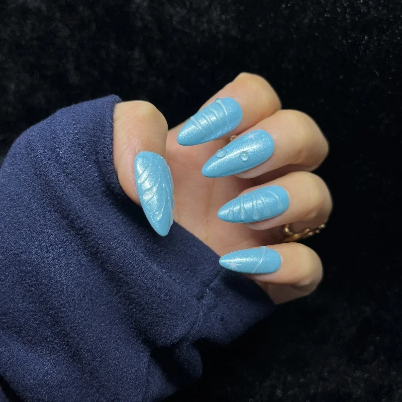 10PCS Simple Blue Almond False Nails Handmade 3D Ripples Glitter Press on Nails White Star Sweet Cool Wearable Nail Manicure Art