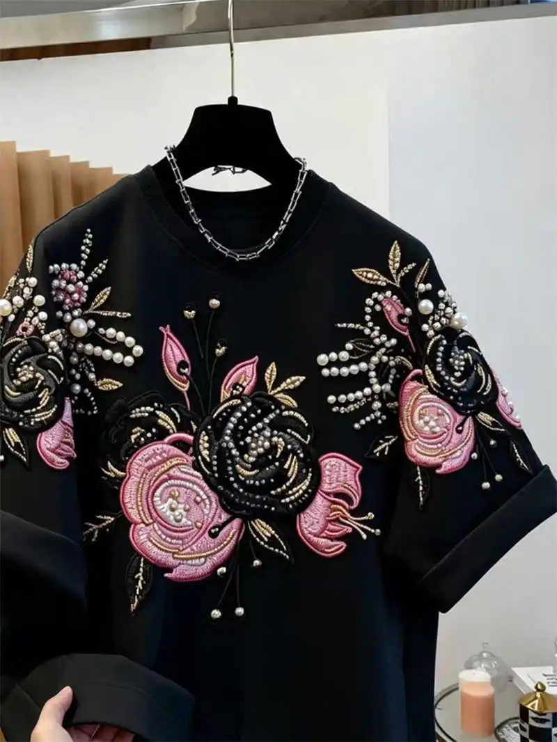 Summer Short Sleeved T-shirt Men Women Blouse Versatile Plus Size 300 Pounds Nail Bead Embroidered Loose Round Neck Casual Top