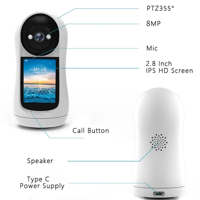 8MP IP Wifi Camera Video Call with 2.8 Inch IPS Screen Baby Cry Sound Detection Security 32-256GB PTZ Camera Baby Monitor iCSee