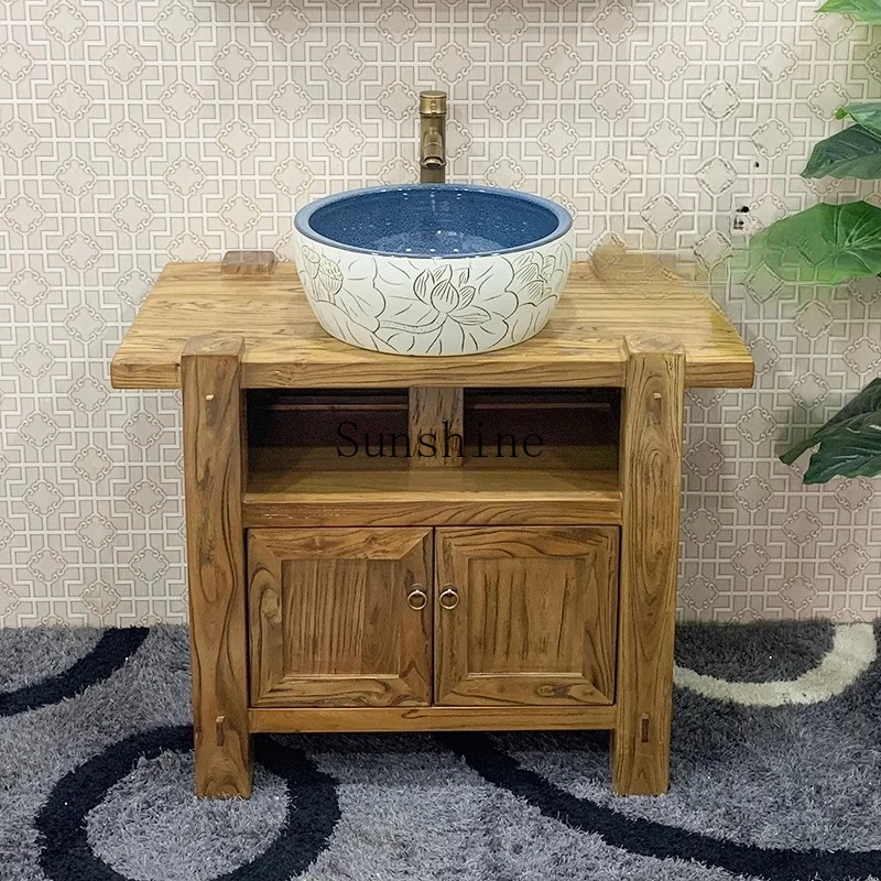 

Solid wood floor-to-ceiling antique small apartment with basin on the counter, Chinese bathroom combination washstand