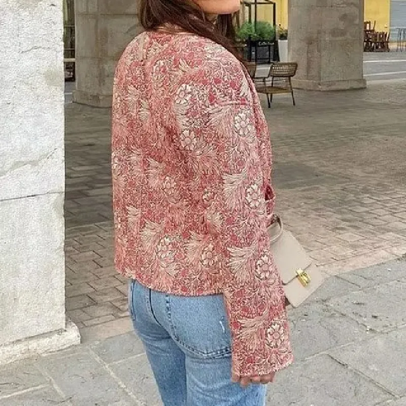 Imagem -02 - Jaqueta de Manga Completa Acolchoada para Mulheres Outerwear Fino Solto Cabolsa de Lapela Estampado com Flores Acolchoado Linha Rosa Claro Outono e Inverno 2023