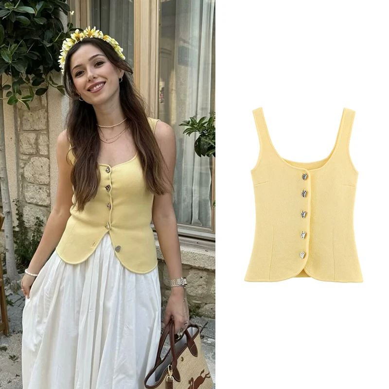 

RAFZNB Women Fashion Knitted Tight Corset Style Tops Summer Square Collar Sleeveless Top Female Chic Tops