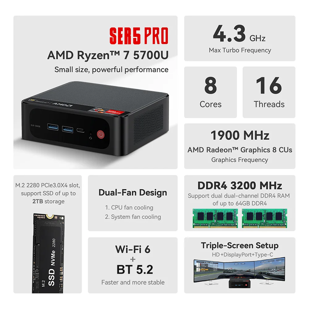 Beelink-SER5 Pro Ryzen 7 5700U Mini PC, DDR4, SSD de 32GB, 500GB, SSD NVME, Computador de Mesa Wifi6, VS SER5 Max 5800H, 2023