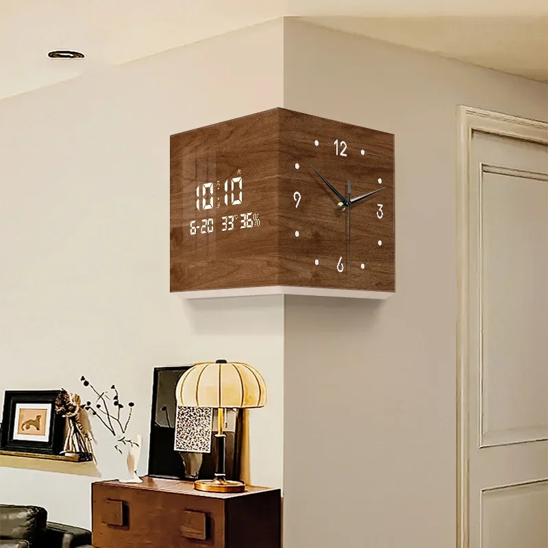 Retro Living Room Corner Clock Perpetual Calendar 2025 New Electronic Light Clock Double-sided Wall Clock Corner Wall Watch