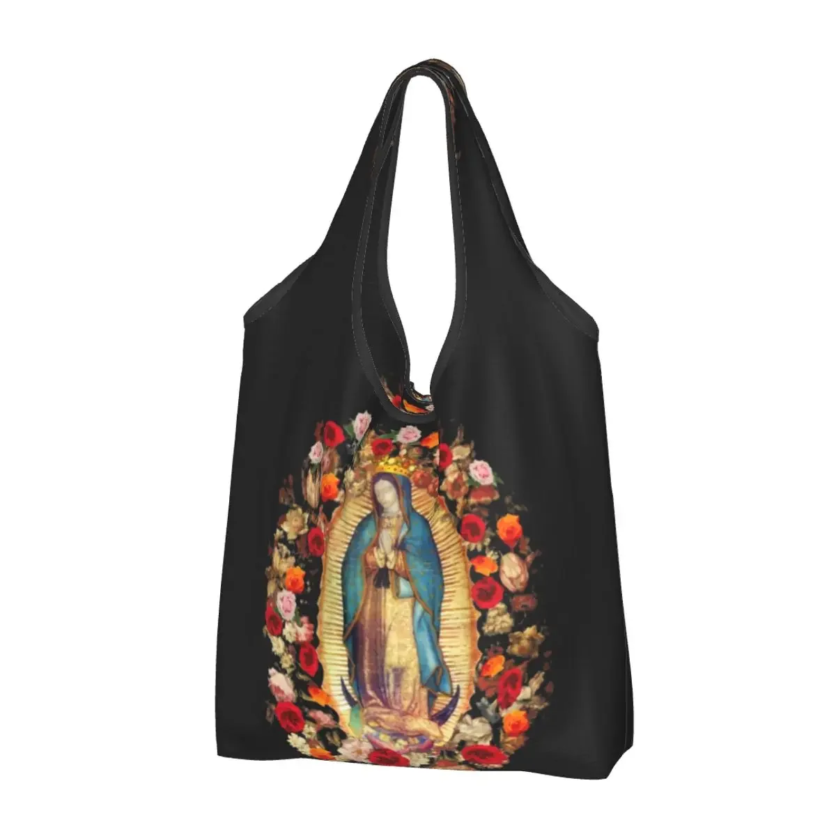 Custom Our Lady Of Guadalupe Mexican Virgin Mary Shopping Tote Bags Portable Mexico Catholic Saint Grocery Shopper Shoulder Bag