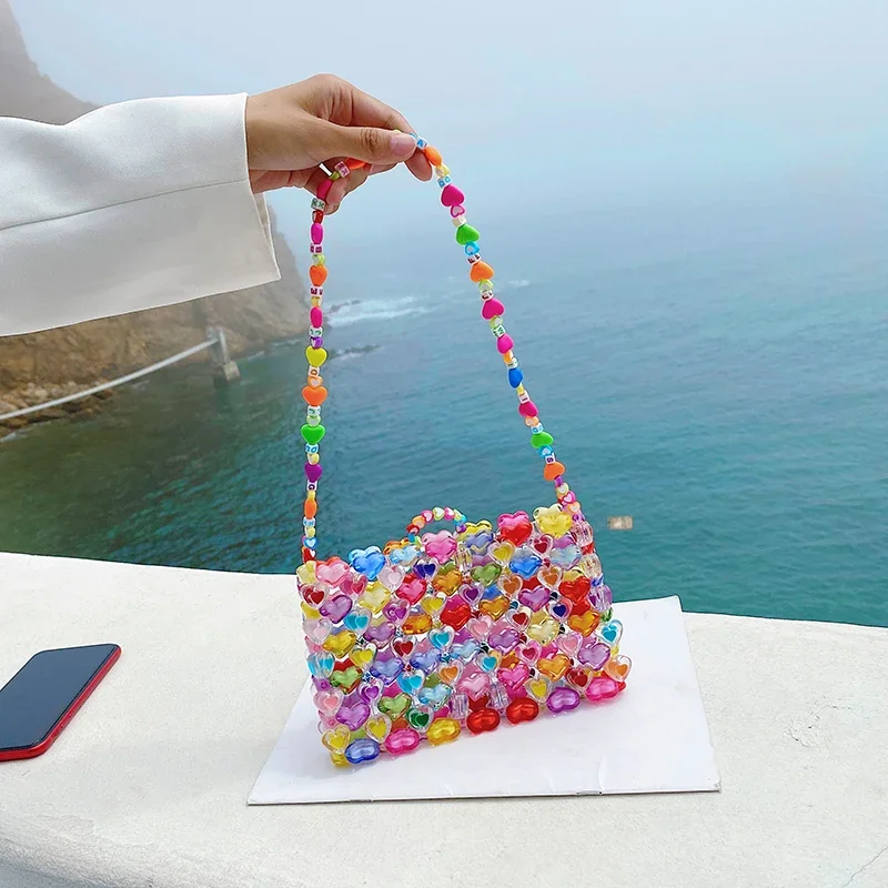 Jelly Color Love Beaded Bag DIY Hand Woven Bead Bag Female Summer Heart-shaped Armpit Bag  Luxury Designer Purses and Handbags