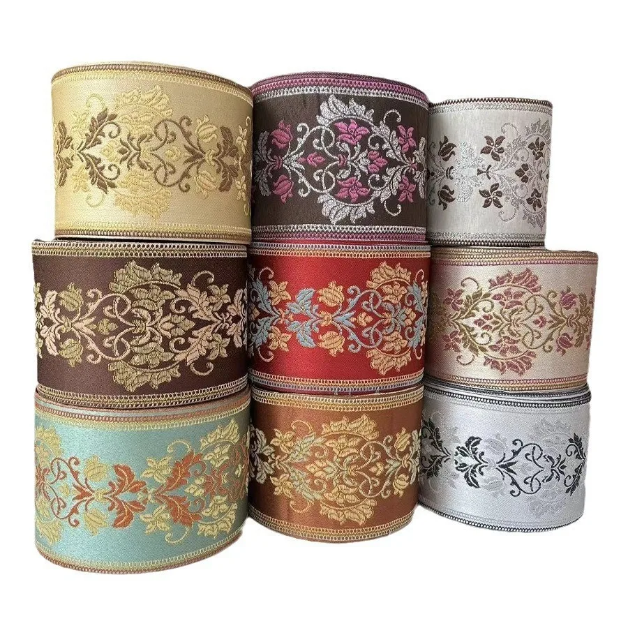 5 Yards 8,7 cm breite Retro-Blumen-Jacquard-Spitzenborte, Vintage-Gewebeband für Vorhänge, Heimtextilien, Kleidung und Nähzubehör