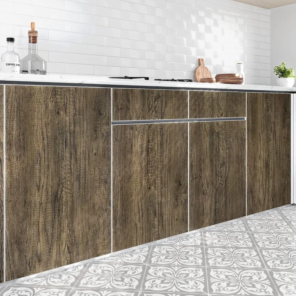 กระดาษติดเคาน์เตอร์ลายไม้สีน้ำตาลขนาด 24x394 นิ้ว กันน้ำ ลอกออกได้ สำหรับห้องครัว โต๊ะ และตู้