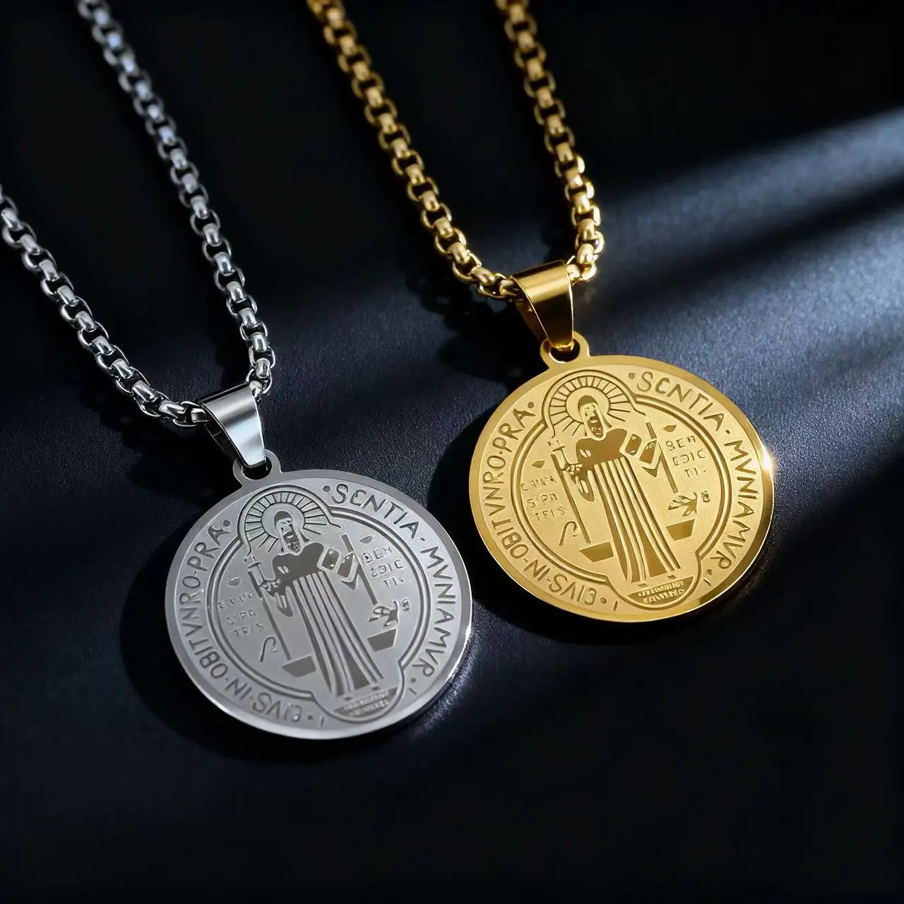Colar de Aço Inoxidável 316L HNSP com Medalha Redonda de São Bento, Joia Religiosa Católica, Acessório de Presente