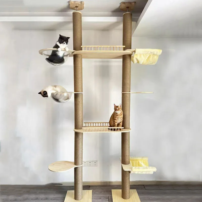 

260-270cm Solid Wood Ceiling Tree Tower Large Cat Tree Post Scraper Cats Beds and Furniture Jump Platform Wall Scratching Post