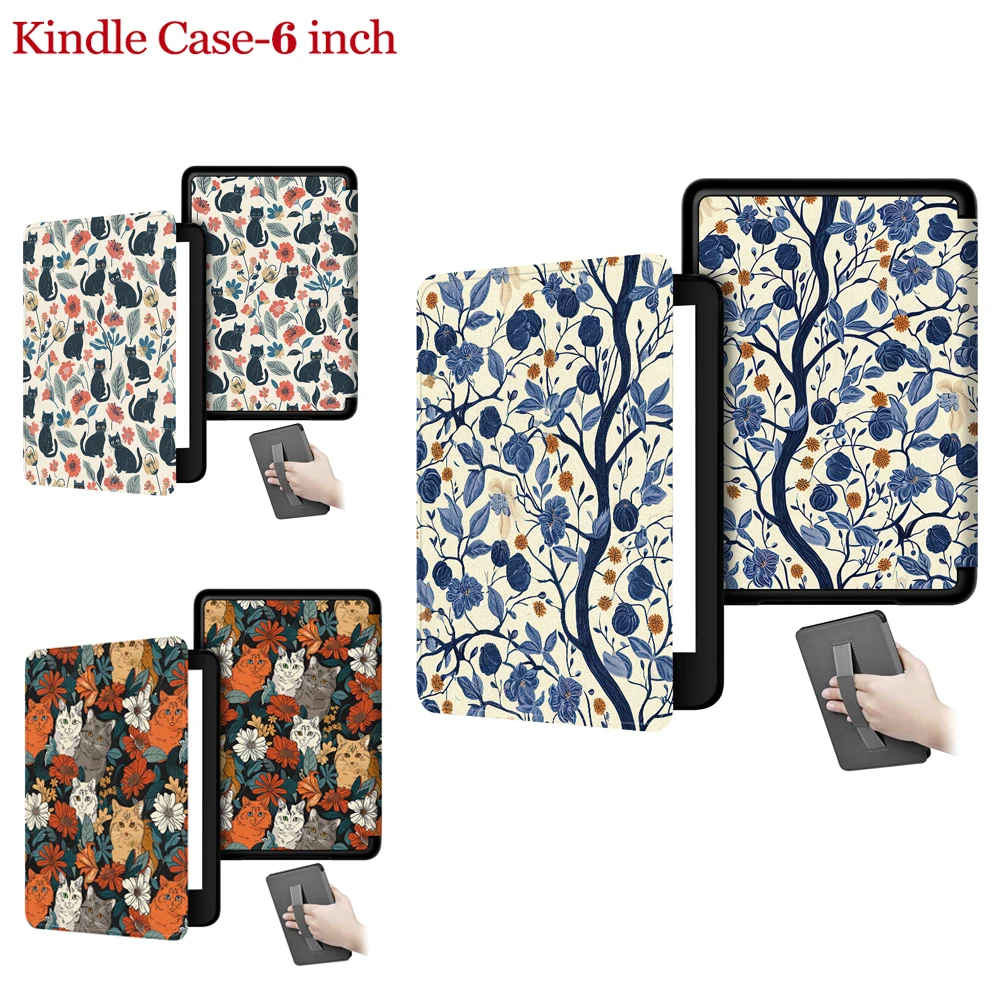 Blue Flowers Leather protect Case For All-New 6'' Kindle 11th Gen 2024/2022 Released RS23CV C2V2L3 Cute Floral Cats Cover  print