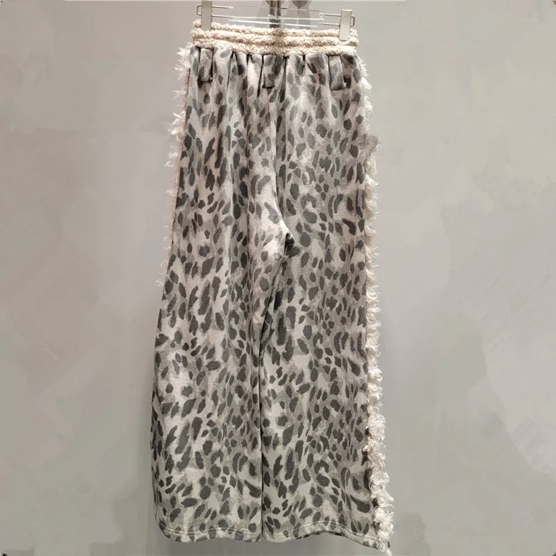 Chic Hairy Patchwork Leopard Printed Faux Fur Fringed Long Pants Popular Wide Legs Flocking Trousers Elastic Waist Pantalones