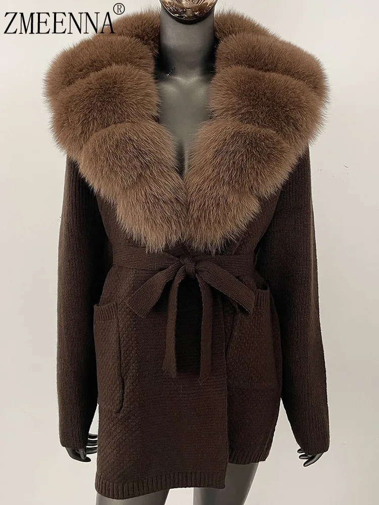 

ZMEENNA Women's Elegant Cream Knit Cardigan Wrap Coat With Luxurious White Faux Fur Collar Warm Belted Sweater Chic ZM3406