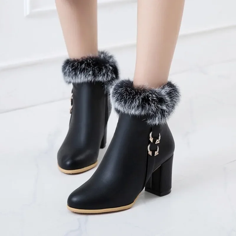 winter The New Rabbit hair fashion Round head Thick with 8CM boots white Plus velvet Keep warm High heel Women boots