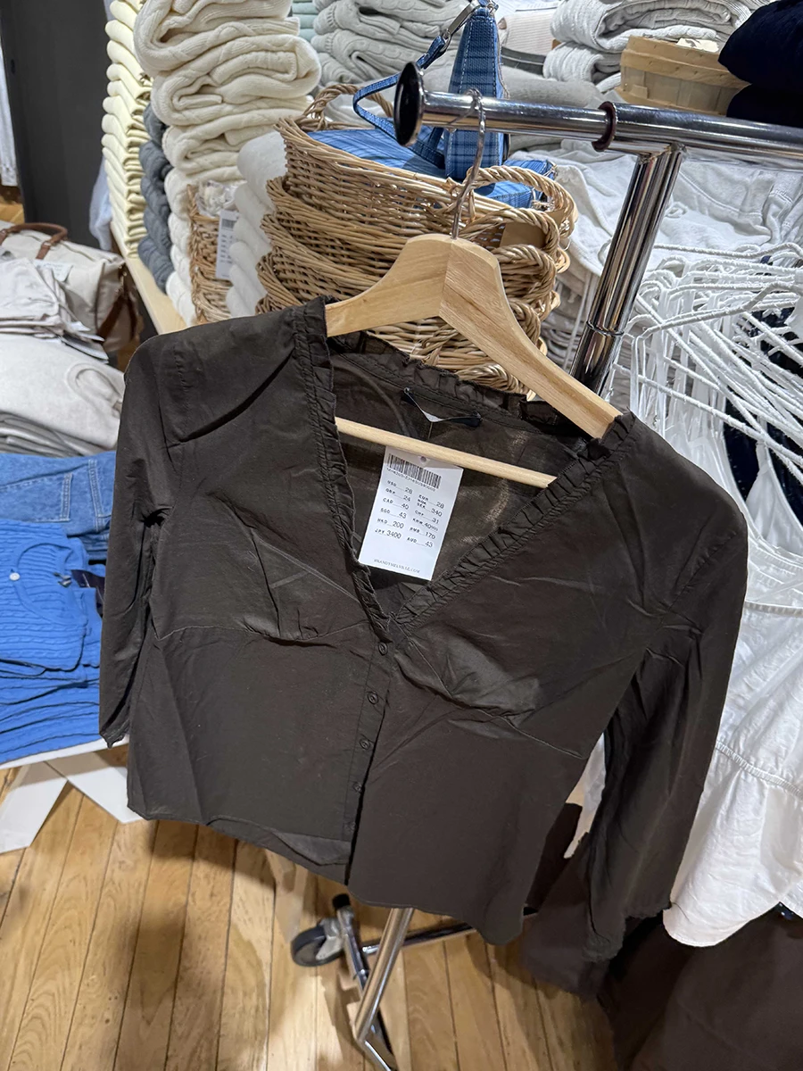 جديد براون القطن رقيقة الفطريات قمصان للنساء واحدة الصدر ثلاثة أرباع الخامس الرقبة البلوزات الحلو خمر بسيط تي شيرت بلوزة