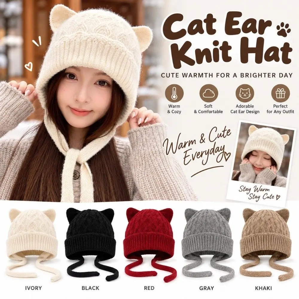 Korean Style Windproof Cat Ear Knit Hat 3D Cat Ear Skin Friendly Soft Beanie Warm Knitted Stretchy Fit Head Cover Walking
